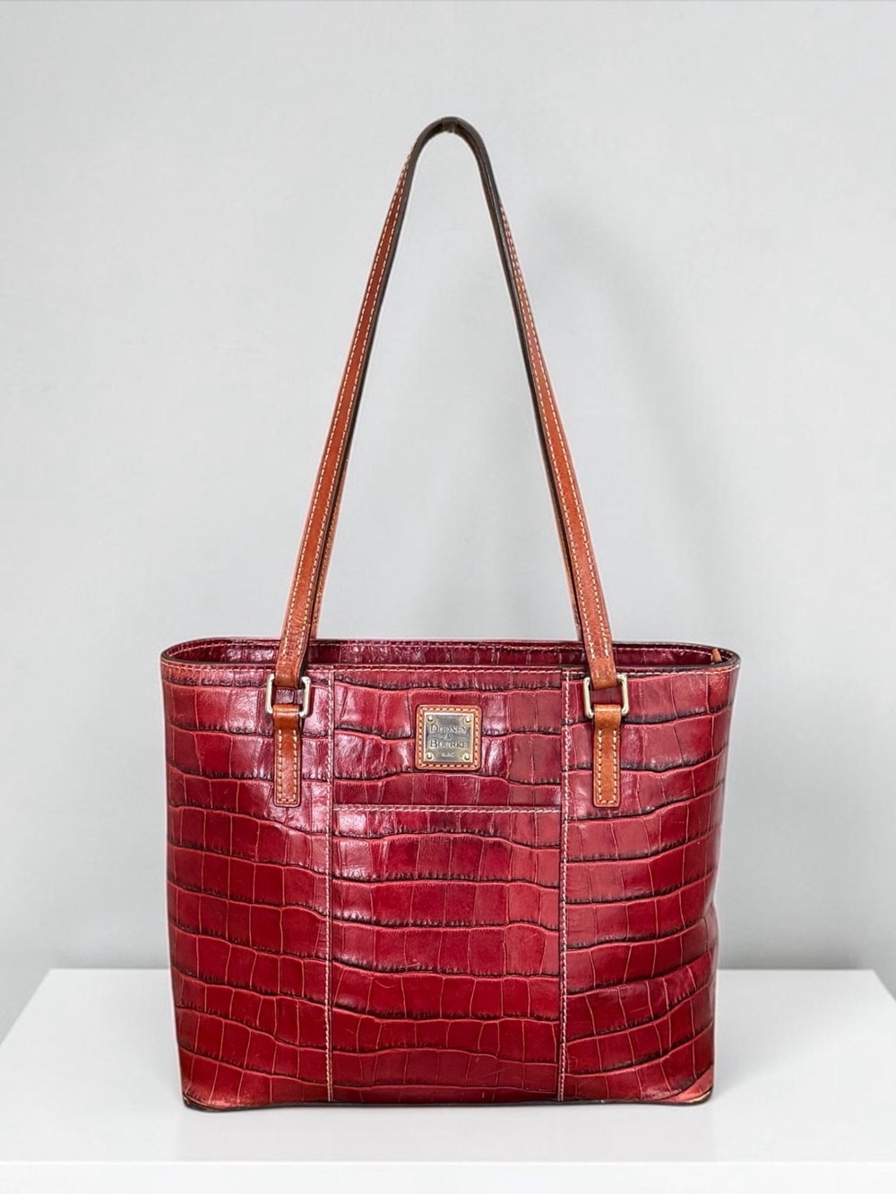 Dooney & Bourke Red Burgundy Croc-Embossed Leather Tote Bag with Tan Straps